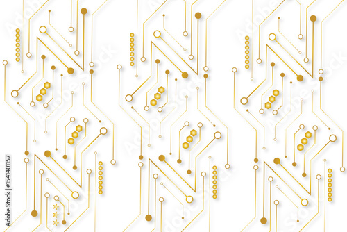 A golden background with golden circuit board lines, golden dots and yellow chips