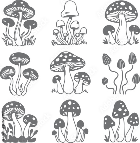 Nine Gray Scale Mushroom Silhouette Illustrations Featuring Various Types and Clusters Set Against White Background Simple Hand Drawn Style
