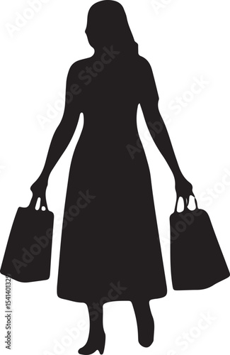 A sleek black silhouette of a woman walking with shopping bags, showcasing a stylish female figure. Ideal for fashion, retail, or lifestyle designs, this versatile vector art enhances creative project