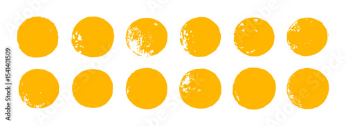 Rough brush sun watercolor stamps. Korean mid autumn fest round yellow paint vector shapes. Summer badge design. Hand-drawn grunge circles. Abstract distressed stamp texture. Circular ink stickers bg