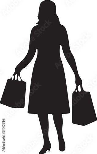 A sleek black silhouette of a woman walking with shopping bags, showcasing a stylish female figure. Ideal for fashion, retail, or lifestyle designs, this versatile vector art enhances creative project