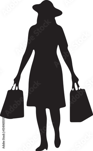 A sleek black silhouette of a woman walking with shopping bags, showcasing a stylish female figure. Ideal for fashion, retail, or lifestyle designs, this versatile vector art enhances creative project