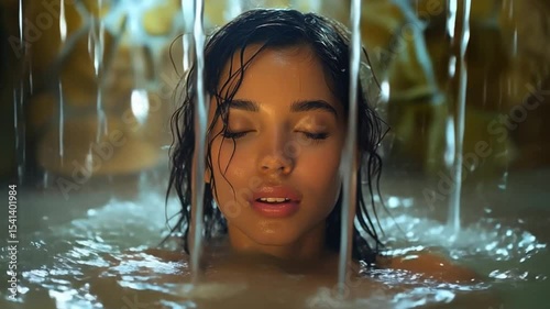 Relaxed woman with closed eyes enjoying water massage in spa pool, feeling serenity and wellness.