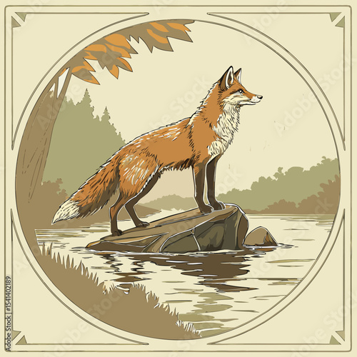 Red fox standing on a partially submerged rock