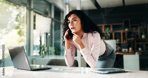 Phone call, laptop and thinking with business woman in office for networking, schedule and idea. Client appointment, planning and reflection with person as virtual consultant, vision and research