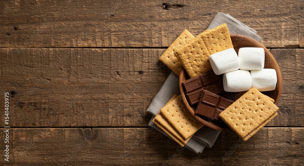 Fototapeta premium S'mores ingredients arranged on rustic wooden surface. Graham crackers, marshmallows, and chocolate await roasting.