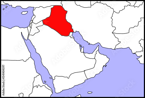 map of iraq, map of the middle east region highlighting the country of iraq in red