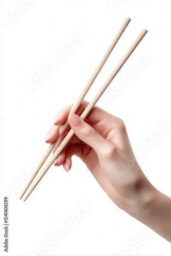 Hand Holding Light Beige Chopsticks Against White Background