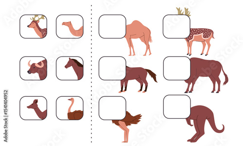 Animal cut out worksheet find and match animals horse deer kangaroo buffalo camel kids children activity