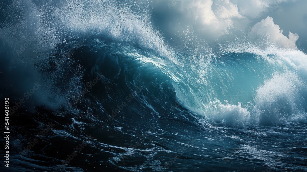 Obraz premium A powerful ocean wave cresting under a cloudy sky with sunlight breaking through the clouds above it