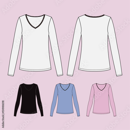 Women's long sleeve, t-shirt , Fashion Flat Sketch Vector Illustration, Mockup, CAD, Technical, Template.