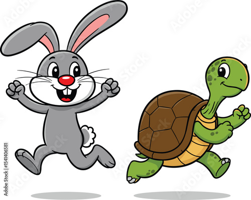 Cartoon rabbit and turtle running race, cute animal illustration, vector drawing for kids, fun competition scene, children story clipart