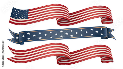 Patriotic american flag banners and ribbons isolated on transparent background