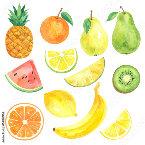 Seamless background with a fresh collection of isolated citrus fruits, apples, pears, kiwi, strawberries, bananas, pineapples, and peaches on white