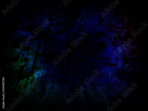 abstract black and blue color background, blur numbers and shapes and stack background, dark and enigmatic background, copy space