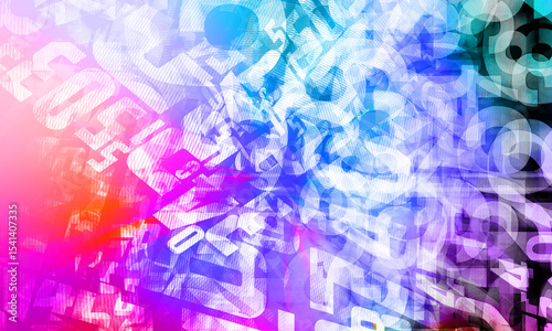 abstract colorfuland composed of overlapping and fragmented letters and numbers, with a gradient background, pink, purple, blue, green, fashion, object, copy space