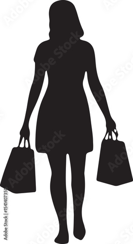 A sleek black silhouette of a woman walking with shopping bags, showcasing a stylish female figure. Ideal for fashion, retail, or lifestyle designs, this versatile vector art enhances creative project