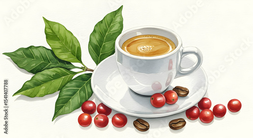 Espresso Coffee Cup Beans Leaves Aromatic Drink Caffeine Morning Breakfast Energy