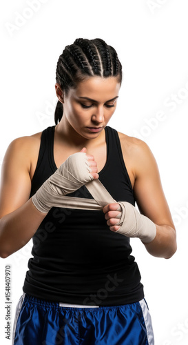 Woman preparing for boxing training on a transparent background with focused expression