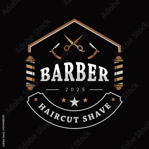 Classic vintage barber logo featuring scissors, razors, barber poles, and bold typography. Ideal for barbershop branding, haircut signage, grooming salons, or retro male grooming designs.