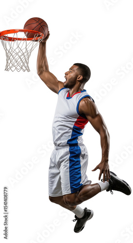 intense basketball player performing slam dunk on transparent background with dynamic action