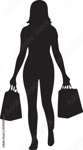 A chic black silhouette of a woman walking with shopping bags, featuring a stylish female figure in heels. Perfect for fashion, retail, or lifestyle designs, this versatile vector art adds a modern fl