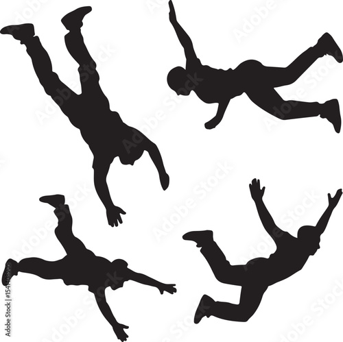 Four Black Silhouettes of People Falling or Skydiving in Various Poses Against a White Background Dynamic Action Poses Silhouette Illustration
