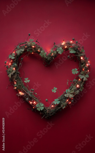 Heart-shaped wreath adorned with four-leaf clovers and twinkling fairy lights against a rich crimson background.