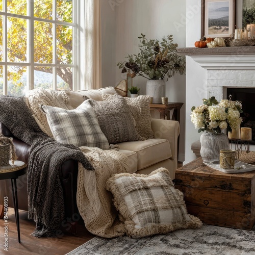 Cozy living room interior with comfortable sofa, pillows and decor