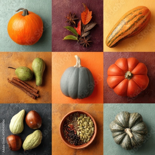 Autumn harvest collage: pumpkins, squash, spices, and fall leaves