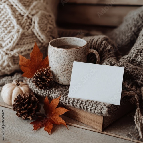 Cozy autumn still life with a cup of tea, warm blanket and fall foliage