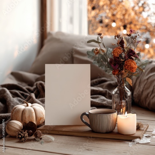 Cozy autumn setup with blank card, pumpkin, coffee, flowers, candle and background