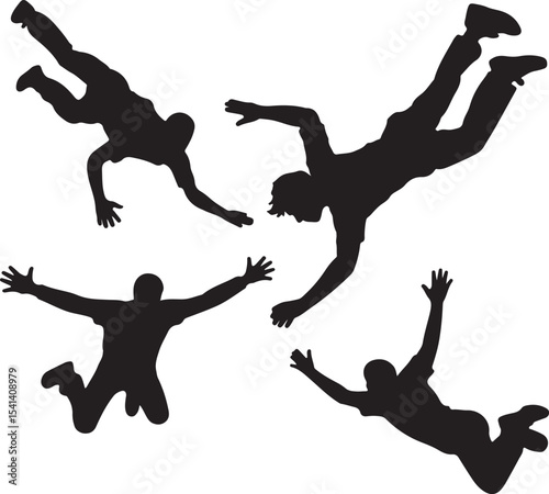 Four Black Silhouettes of People Falling Through the Air Reaching Out to Each Other in a Dramatic Pose Against a White Background