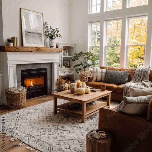 Cozy living room with fireplace and autumn decor