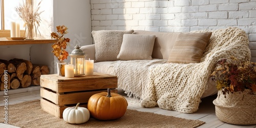 Cozy autumn living room interior with pumpkins and knitted blanket