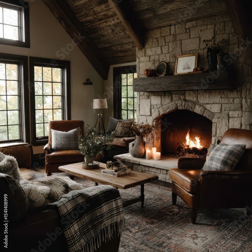 Cozy Living Room Interior with Fireplace and Rustic Decor
