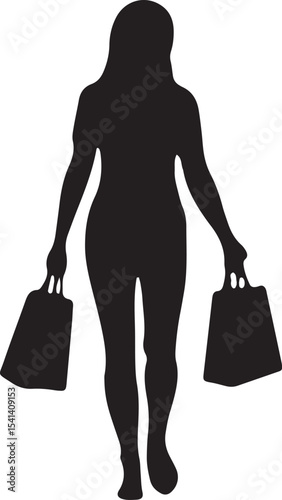 A chic black silhouette of a woman walking with shopping bags, featuring a stylish female figure in heels. Perfect for fashion, retail, or lifestyle designs, this versatile vector art adds a modern fl