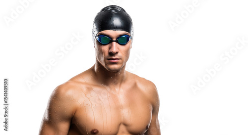 Portrait of a focused male swimmer wearing goggles and swim cap on transparent background