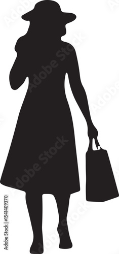 A stylish black silhouette of a woman shopping, holding bags and talking on the phone while walking. Ideal for fashion, retail, or lifestyle designs, this versatile vector art brings a modern, dynamic
