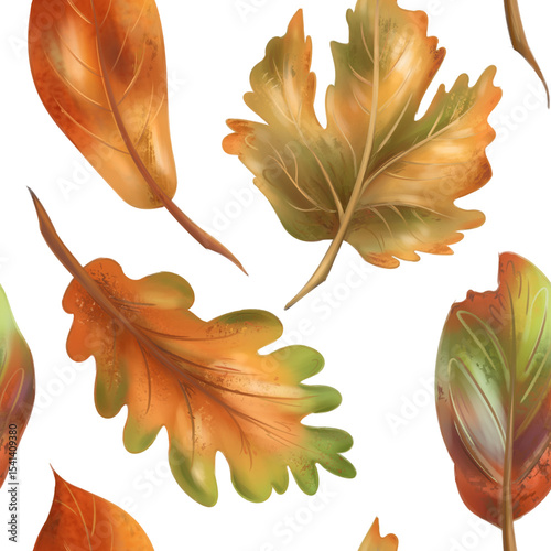 Autumn cozy seamless pattern with maple and oak yellow, red leaves on a white background. Natural motifs, forest, plants. Hand drawing background for wrapping paper, textiles, design