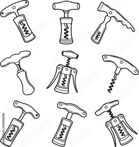 Nine Black and White Line Drawings of Different Types of Corkscrews Wine Bottle Openers Kitchen Utensils Silhouette Illustrations