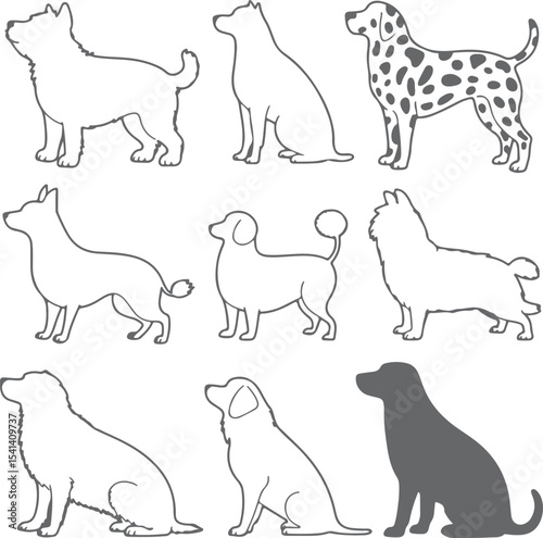 Nine Dog Breed Silhouettes Grey and White Line Drawings Various Poses Sitting Standing Side Profile View