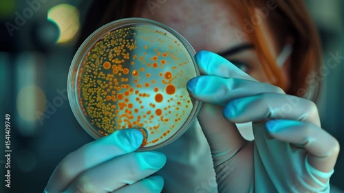Female scientist in protective mask and gloves examining bacterial culture in petri dish in laboratory.