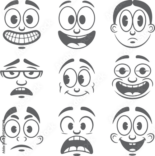 Nine Gray Scale Cartoon Face Silhouettes Displaying Diverse Expressions Including Happy Surprised Anxious and Sad Emotions Simple Line Art Style
