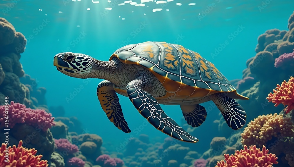Fototapeta premium Majestic Sea Turtle in Coral Reef Underwater Scene