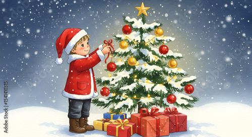 Child decorating Christmas tree winter snow scene holiday season