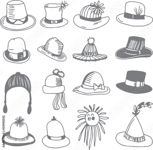 Collection of Gray Hand Drawn Hat Silhouettes Various Styles Winter Summer Fashion Accessories Headwear Designs