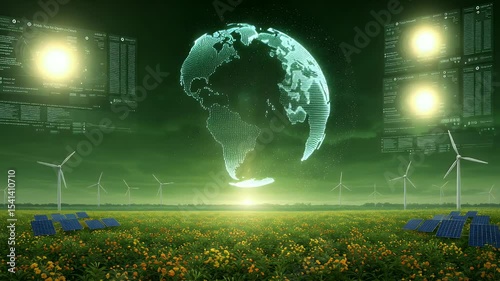 Green future A digital globe hovers above fields, wind turbines, and solar panels