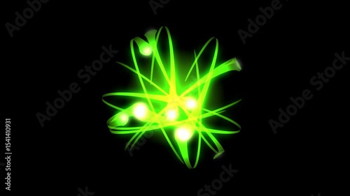 Electrons are orbiting an atomic nucleus, creating a dynamic scientific visualization