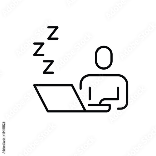 Sleeping employee icon. Thin line outline symbol of remote worker fatigue resting at computer due to exhaustion stress or overwork